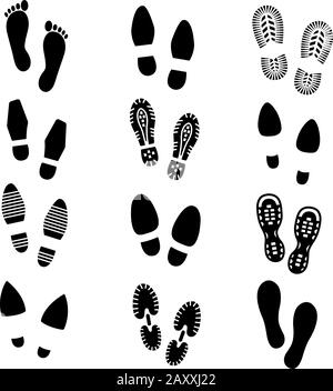 Footprints and shoes footmark vector silhouette icons set. Shoe print, sole shoe track, footprint shoe illustration Stock Vector & Art - Alamy