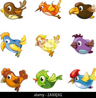 Funny birds icons. Cartoon birds vector set for game ui with birds Stock Vector