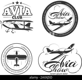 Aviation and airplane vector logo set. Avia club badges,  avia show emblems and avia travel labels vector Stock Vector