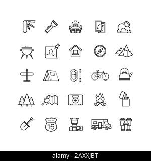 Summer camping vector line icon set. Summer travel camping icon, tourism camping icon, vacation camping outdoor icon illustration Stock Vector