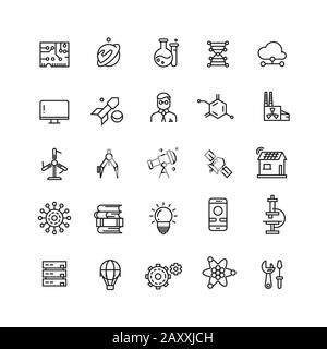 Technologies and science vector line icons. Science technology icon, science research and science knowledge illustration Stock Vector