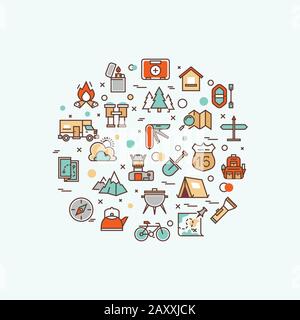 Summer camping, climbing, trekking, hiking, mountaineering, extreme sports, outdoor vector concept with line icons. Climbing outdoor, expedition outdo Stock Vector