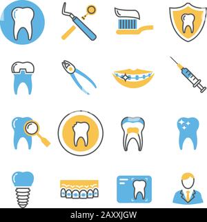 Dental care, services, equipment and products linear vector icons with color elements. Stomatology dental icon, care dental, equipment dental illustra Stock Vector