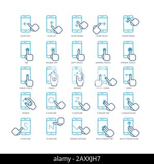 Touch screen hand gestures for smartphones outline icons set. Gesturing screen icon, gesture point smartphone, press gesture illustration Stock Vector