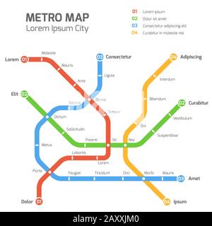 Subway vector map template. City metro transportation scheme. Information metro map, station metro map, underground metro illustration Stock Vector