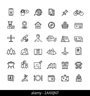 Tourism, transportation and traveling line vector icons. Travel icon, travel tourism icon, travel vacation icon illustration Stock Vector