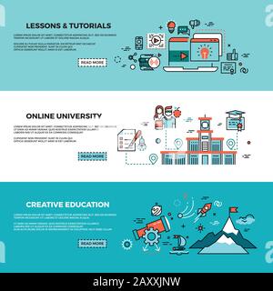 Online education, on-line training courses, staff training, web tutorials vector banners set. Online knowledge teaching, study online page, online cou Stock Vector