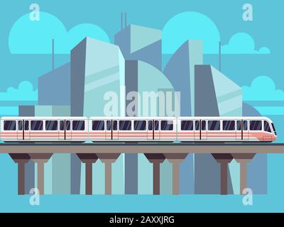 Sky Train, Subway Landscape Flat Concept. Vector train transportation concept on city backdrop Stock Vector