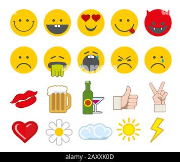 Emoticon vector icons set with thumbs up, chat, heart and other icons. Angry smiley, funny smiley, barf face smiley illustration Stock Vector