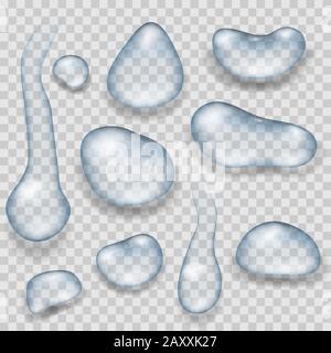 Realistic vector transparent water drops on checkered background. Drop liquid set, aqua drop, clear drop ilustration Stock Vector