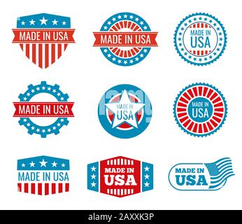 Red and blue made in the USA emblems set. Guarantee made in usa, shield made in usa, national label made in usa. Vector illustration Stock Vector