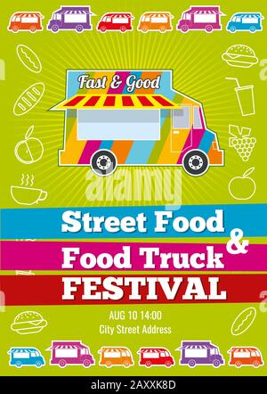 Vector poster with wagon full of tasty summer food, meals, drinks and fruits. Banner food festival, design event food truck, tasty food truck illustra Stock Vector