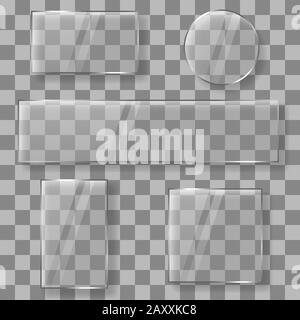 Transparent vector glass plates banners on plaid background. Glass banners panels or glass frames on transparent background vector illustration Stock Vector