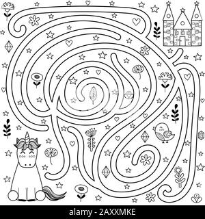 Black and white maze game and coloring page for kids. Help the unicorn Stock Vector