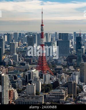Tokyo Tower seen from Roppongi Hills Mori Tower in Japan. Stock Photo