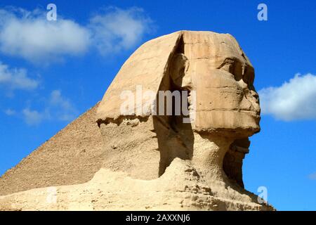 Sphinx head against a very beautiful sky. Egyptian Sphinx in Egypt close-up, Giza, Egypt Stock Photo