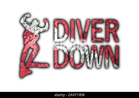 Diver Down Flag, Diver Silhouette, Vintage Style  Scuba flag. Stock Photo