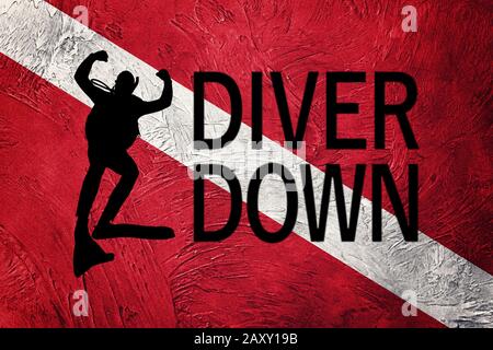 Diver Down Flag, Diver Silhouette, Vintage Style  Scuba flag. Stock Photo