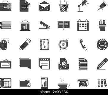 office supply equipment stationery icon set vector illustration silhouette on white background Stock Vector