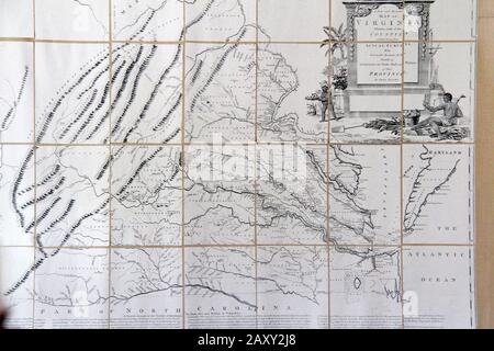 !8th century map of Virginia displayed at Red Hill Patrick Henry National Memorial in VA, USA Stock Photo
