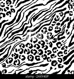 Leopard print seamless pattern. Black and white hand drawn background. Vector illustration. Stock Vector