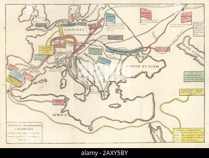 Transmigrations of the barbarian tribes that invaded the Roman Empire. Migrations of Visigoths, Ostrogoths, Swabians, Franks, Lombards, Gepids, Vandals, Germans, Danes, etc. Trasmigrazione de Barbari. Handcoloured copperplate engraving from Giulio Ferrario’s Costumes Ancient and Modern of the Peoples of the World, Il Costume Antico e Moderno, Florence, 1842. Stock Photo