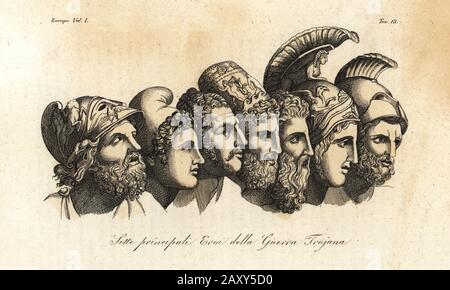 Busts of seven principal heroes of the Trojan War. From left to right: Menelaus, Paris, Diomedes, Ulysses, Nestor, Achilles and Agamemnon. Sette principali Eroi della Guerra Trojana. Handcoloured copperplate engraving from an illustration by Johann Heinrich Wilhelm Tischbein from Giulio Ferrario’s Costumes Ancient and Modern of the Peoples of the World, Il Costume Antico e Moderno, Florence, 1842. Stock Photo