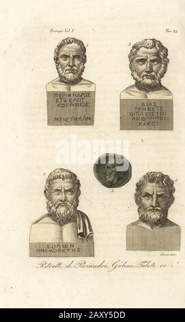 Portraits of Corinthian ruler Periander 1, Athenian statesman Solon 2, Bias of Priene 3, Greek mathetician Thales of Miletus 4, and Pittacus of Mytilene 5. etc. Ritratti di Periandro, Solone, Biante, Talete, Pittaco. Handcoloured copperplate engraving by Giovanni Antonio Sasso from Giulio Ferrario’s Costumes Ancient and Modern of the Peoples of the World, Il Costume Antico e Moderno, Florence, 1842. Stock Photo