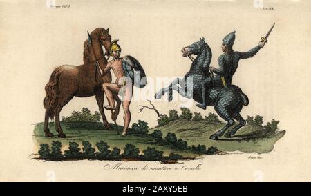 Ancient Greek method of mounting and riding a horse bareback. A cavalry man mounts a horse by holding lance and bridle in his right hand, and placing his right foot on an iron pin protruding from his lance. Another cavalier in full scale armour riding a horse in full scale barding. Maniera di montare a cavallo. Handcoloured copperplate engraving by Giovanni Antonio Sasso from Giulio Ferrario’s Costumes Ancient and Modern of the Peoples of the World, Il Costume Antico e Moderno, Florence, 1842. Stock Photo