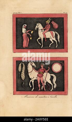 Ancient Greek method of riding a horse bareback. A young man returns with a chlamys on his lance to a woman offering drinks to both man and horse (top) and a rider holding lance and bridle, with shield, fillet and myrtle branches denoting victory in martial games (bottom). Maniera di montare a cavallo. Taken from Aubin Louis Millin’s Peintures de Vases Antiques. Handcoloured copperplate engraving from Giulio Ferrario’s Costumes Ancient and Modern of the Peoples of the World, Il Costume Antico e Moderno, Florence, 1842. Stock Photo
