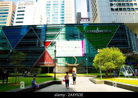 Singapore, Singapore - April 13, 2019: Exterior of One Raffles Place Shopping Mall Stock Photo