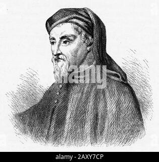Engraved portrait of Geoffrey Chaucer (1340s – 1400) English poet and author. Widely seen as the greatest English poet of the Middle Ages, he is best known for The Canterbury Tales. Chaucer has been styled the 'Father of English literature'. Stock Photo
