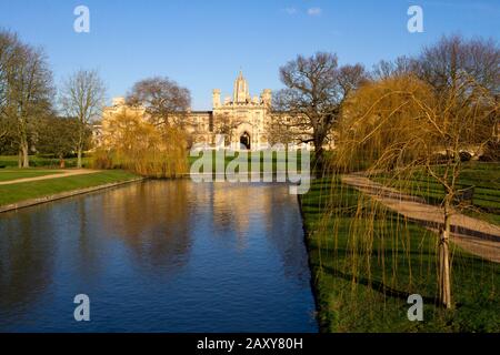 A scenic view along the River Cam  from 'The Backs' of the colleges with St. John's University in the background, in Cambridge, England Stock Photo