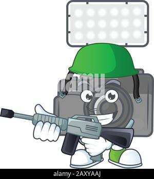 Photo camera with lighting mascot design in an Army uniform with machine gun Stock Vector