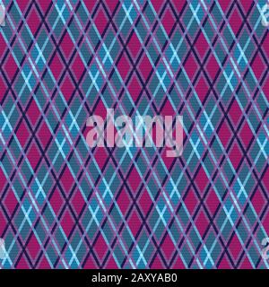 Detailed Rhomb seamless illustration pattern as a tartan plaid mainly in blue and magenta hues Stock Vector