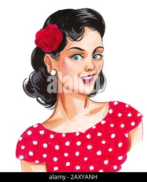 Pretty pinup styled woman. Ink and watercolor illustration Stock Photo