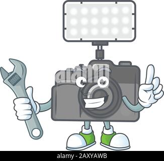 happily Mechanic photo camera with lighting cartoon character design Stock Vector