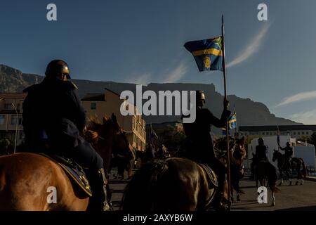 Mounted police officers parade ahead of President Cyril Ramaphosa's 2020 State of the Nation address at the South African Parliament in Cape Town Stock Photo