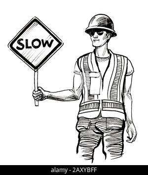 Construction worker with a slow sign. Ink black and white sketch Stock Photo