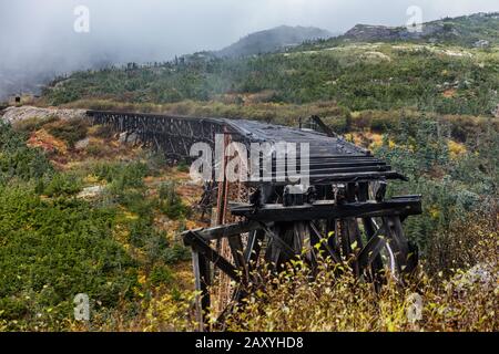 Old steel bridge on White Pass and Yukon Route Railway train ride, Skagway, Alaska, USA. Constructed in 1901. Famous tourist attraction on cruise shore excursion. Stock Photo