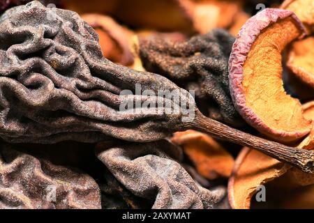 food as a background - whole grain wheat bagels with dried fruits Stock Photo