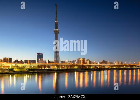 Sky Tree and Sumida River at dawn, Tokyo, Japan Stock Photo