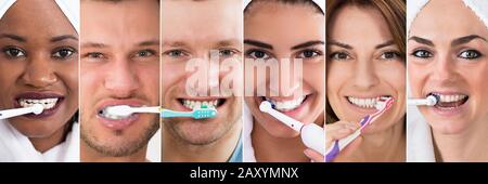 Brushing Teeth Collage. Diverse Group Of People Portraits Stock Photo