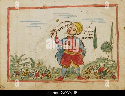 Samson fights the Philistines from an 18th century Hebrew Manuscript Tefilot u-piyuṭim (Prayers and songs) illuminated colour manuscript by Mordo, Eliʻezer; Stock Photo