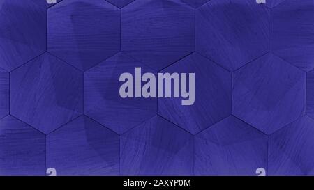 3D decorative wall for the interior of an unusual hexagonal geometric shape, similar to a honeycomb. Abstract texture of the deep blue color of the ni Stock Photo