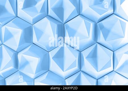 3D decorative wall for the interior of an unusual hexagonal geometric shape, similar to a honeycomb. Classic blue abstract texture Stock Photo