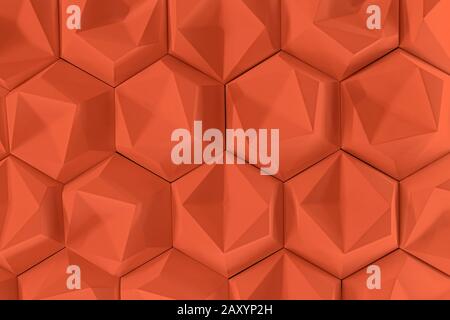 3D decorative wall for the interior of an unusual hexagonal geometric shape, similar to a honeycomb. Abstract texture of saturated orange red Stock Photo