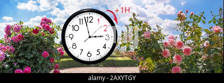 Daylight Saving Time (DST). Blue sky with white clouds and clock. Turn time forward (+1h). Stock Photo