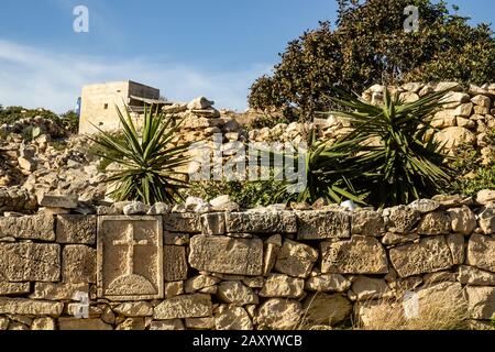 Typical stone fence in Malta, protecting fence for root garden in Malta island Stock Photo