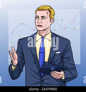Business man with a notebook Talk about meetings Illustration vector On pop art comics style Boards background Stock Vector